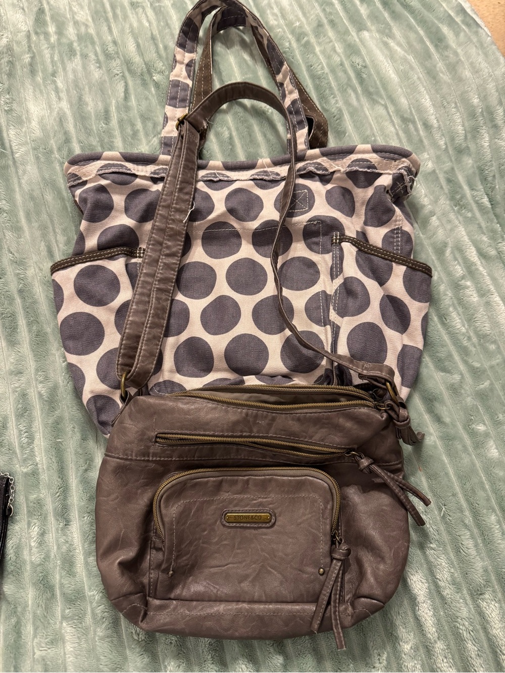 b. makowsky Gray Leather Crossbody with Gray and Cream Polka Dot Tote